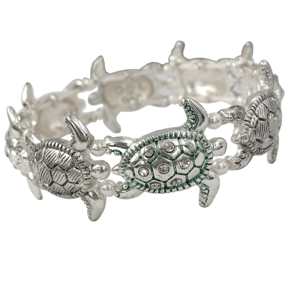 Sea Turtle Silver Tone Green Color Wash Stretch Bracelet